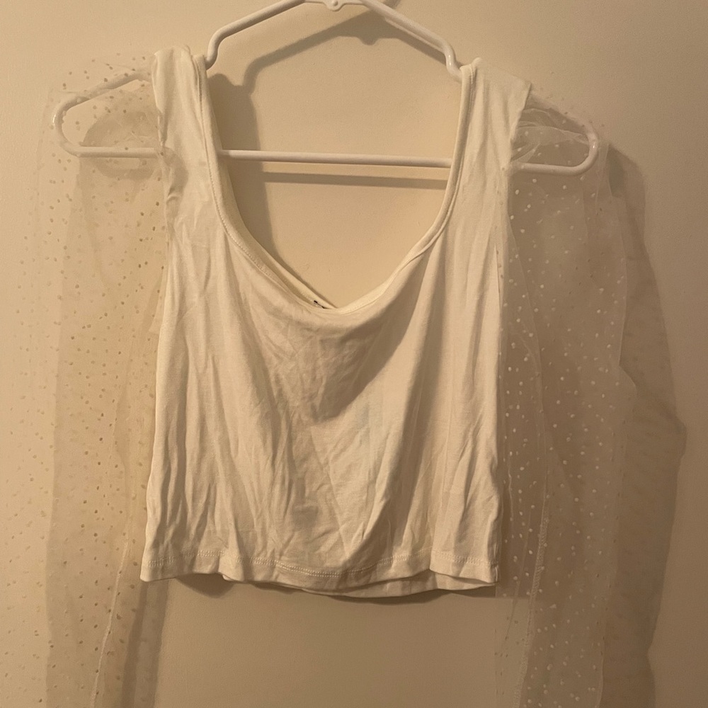 White crop top with sheer polka dot sleeves